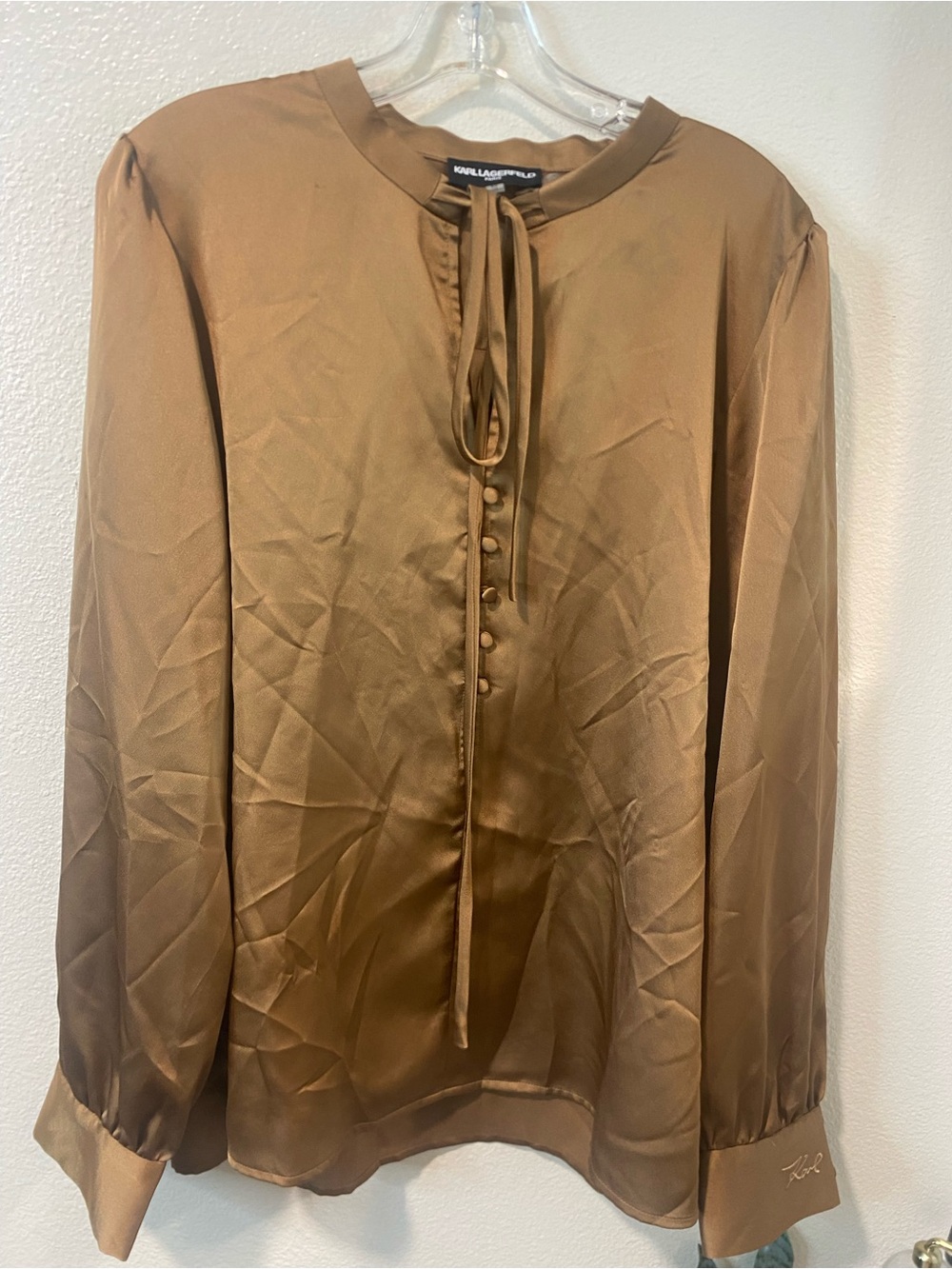 Karl Lagerfeld Bronze-Brown Satin Tie-Neck Blouse Womens XL